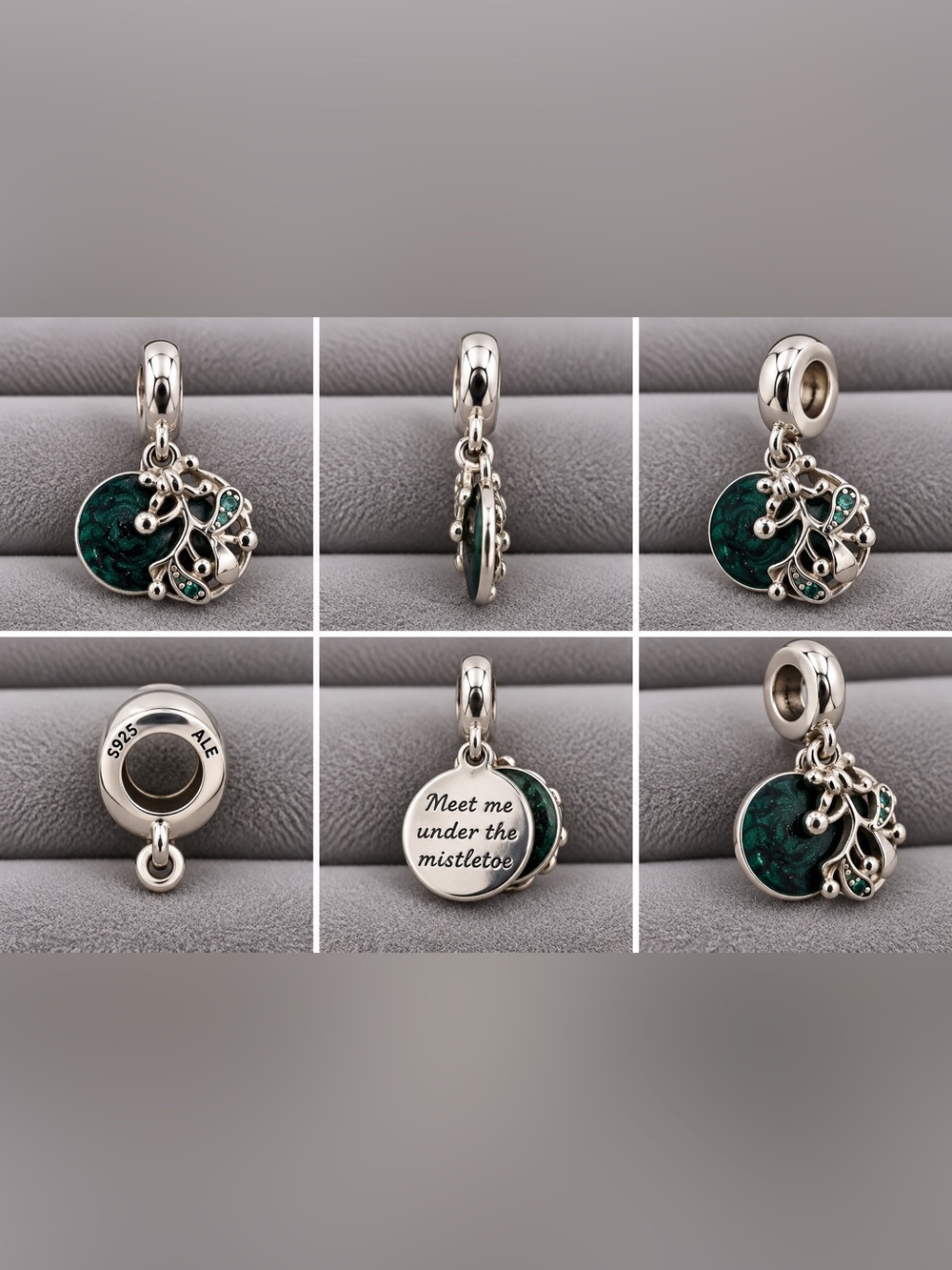 Pandora Silver Meet Me Under The Mistletoe Dangle Charm with Dark Green Enamel